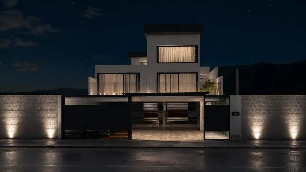Projeto 3D da Desecad: casa moderna de dois pavimentos com iluminação de fachada à noite