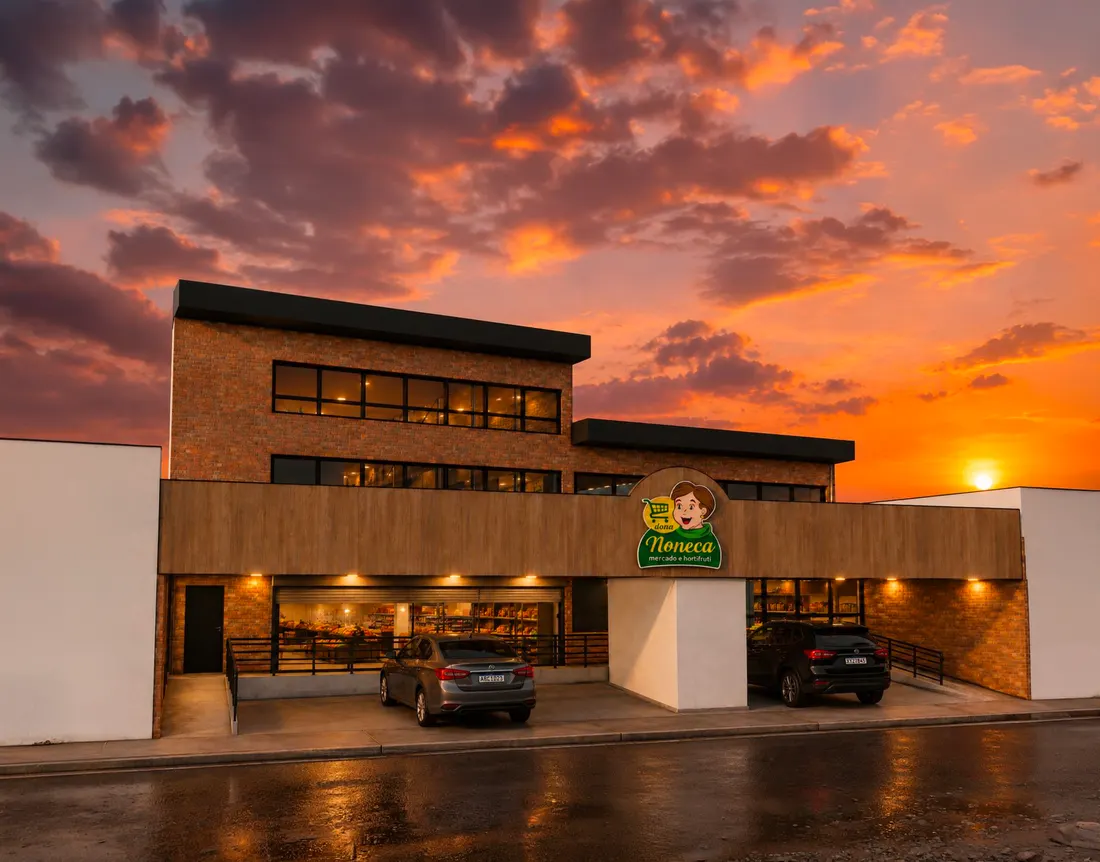 Projeto comercial Desecad — fachada ao entardecer